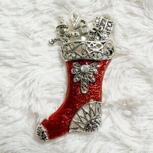 🎄Vintage Silver Tone Red Enamel Christmas Stocking Brooch